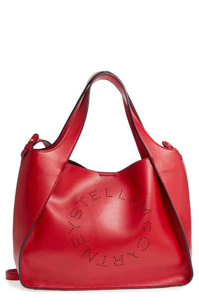 Shop Stella Mccartney Perforated Logo Faux Leather Satchel - Red In Lover Red