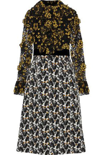 Shop Anna Sui Velvet-trimmed Guipure Lace And Cotton-jacquard Dress In Black