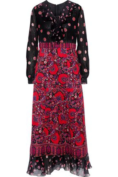 Shop Anna Sui Woman Metallic Silk-blend Georgette And Printed Cotton Midi Dress Black