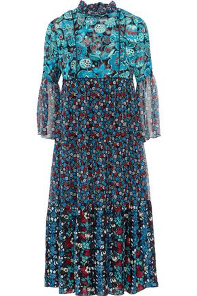 Shop Anna Sui Woman Gathered Printed Jacquard And Georgette Midi Dress Blue