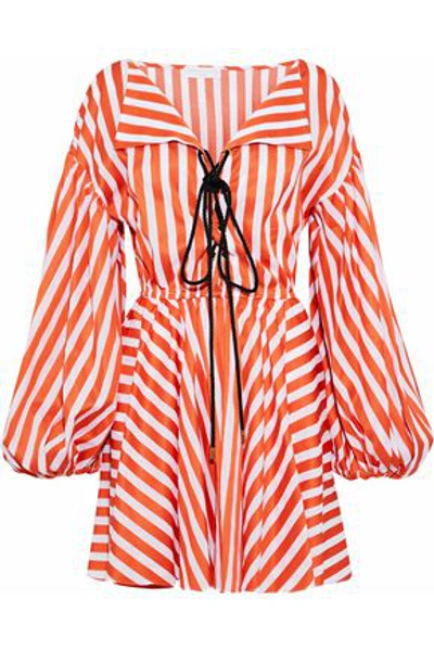 Shop Caroline Constas Woman Olympia Lace-up Striped Cotton-poplin Mini Dress Bright Orange