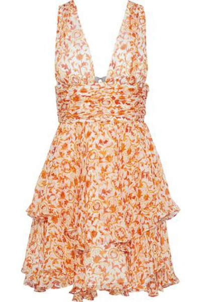 Shop Caroline Constas Woman Paros Tiered Floral-print Silk-chiffon Mini Dress Orange