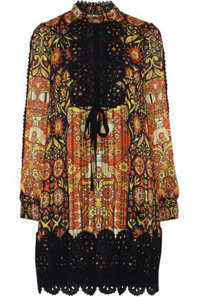 Shop Anna Sui Woman Guipure Lace-trimmed Printed Jacquard Mini Dress Multicolor