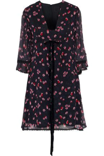 Shop Anna Sui Woman Tossed Tulips Printed Crinkled Silk-chiffon Mini Dress Black