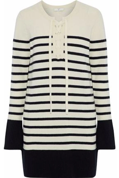 Shop Joie Woman Heltan Lace-up Striped Wool And Cashmere-blend Mini Dress Ivory
