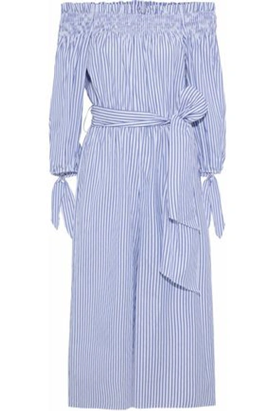 Shop Caroline Constas Woman Lou Off-the-shoulder Striped Cotton-blend Poplin Jumpsuit Blue