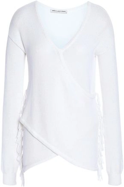 Shop Autumn Cashmere Woman Wrap-effect Fringe-trimmed Cotton Sweater White