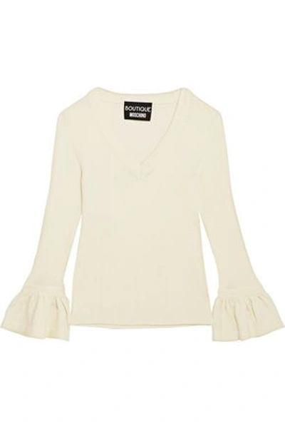 Shop Boutique Moschino Fluted Ribbed Wool Sweater In Ivory