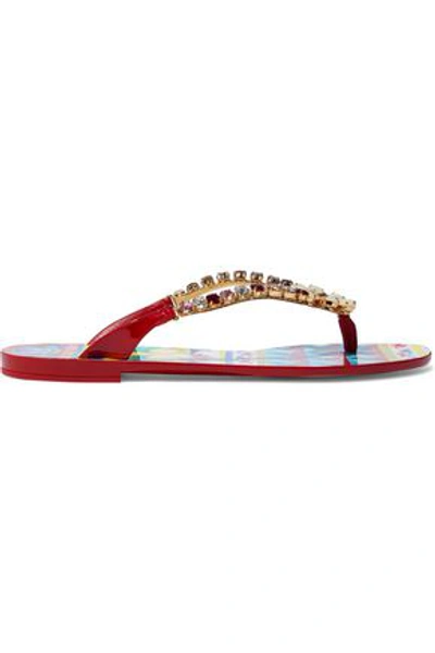 Shop Dolce & Gabbana Embellished Rubber Flip Flops In Red