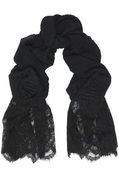 Shop Valentino Lace-paneled Plissé-cashmere Scarf In Black