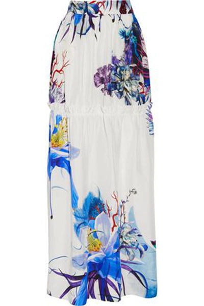 Shop Roberto Cavalli Woman Tiered Printed Silk Maxi Skirt White