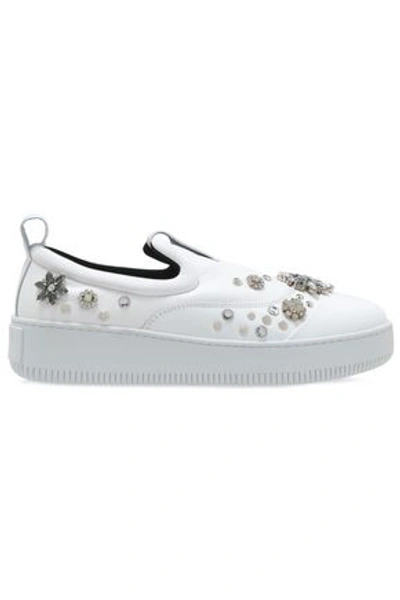 Shop Mcq By Alexander Mcqueen Netil Embellished Leather Platform Slip-on Sneakers In White