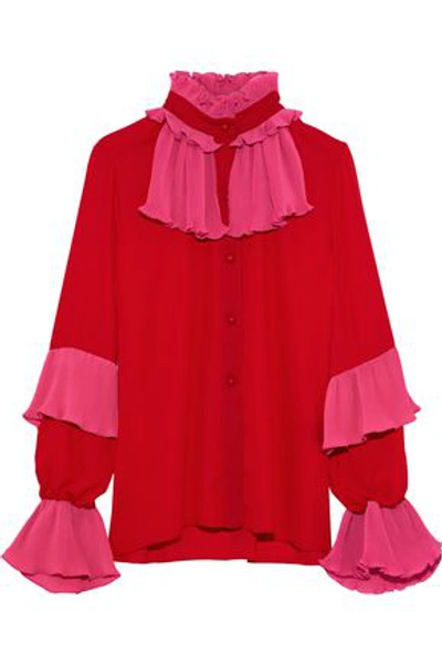 Shop Anna Sui Woman Two-tone Plissé And Crepe De Chine Shirt Red
