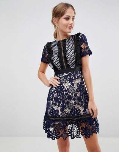 Shop Liquorish Lace Mini Dress With Contrast Lining-navy
