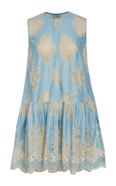 Shop Rahul Mishra Dew Lace Gathered Cotton Blend Sleeveless Top In Blue
