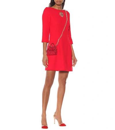 Shop Dolce & Gabbana Embroidered Wool Crêpe Dress In Red