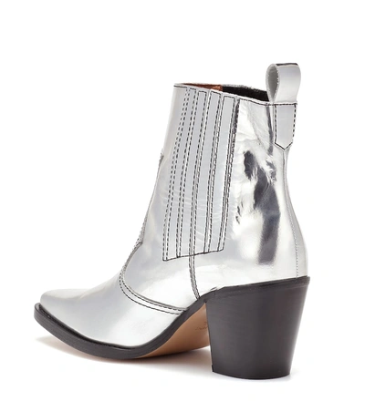 Shop Ganni Western Leather Ankle Boots In Silver