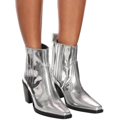 Shop Ganni Western Leather Ankle Boots In Silver