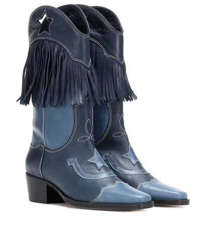 Shop Ganni Texas Fringes Leather Cowboy Boots In Blue