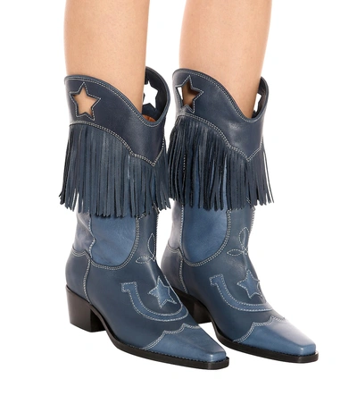 Shop Ganni Texas Fringes Leather Cowboy Boots In Blue