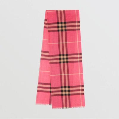 Shop Burberry Lightweight Check Wool And Silk Scarf In Rose Pink