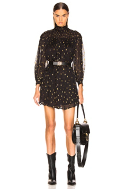 Shop Frame Smocked Long Sleeve Dress In Black,metallic,polka Dots. In Noir