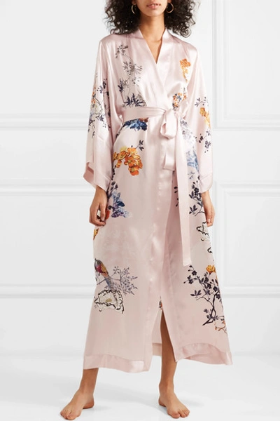 Shop Meng Printed Silk-satin Robe In Pastel Pink
