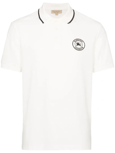 Shop Burberry Embroidered Logo Cotton Piqué Polo Shirt - White