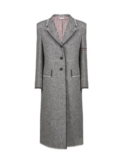 Shop Thom Browne Arm Stripe Frayed Overcoat In Grey