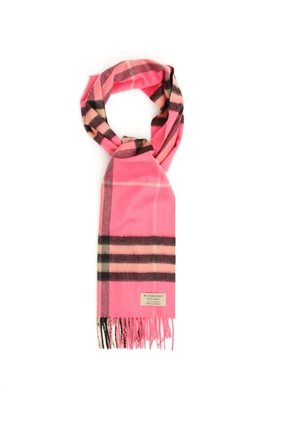 Shop Burberry Fringed Hem Check Scarf In Pink