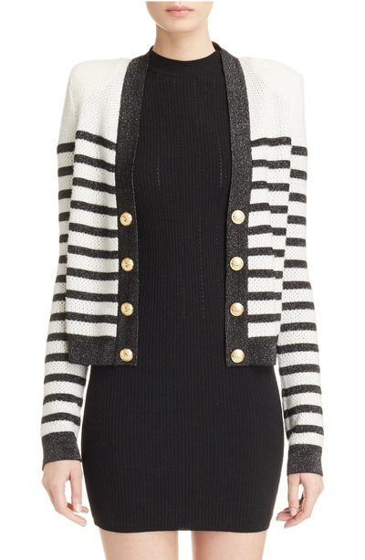Shop Balmain Stripe Honeycomb Knit Cardigan In White/ Black