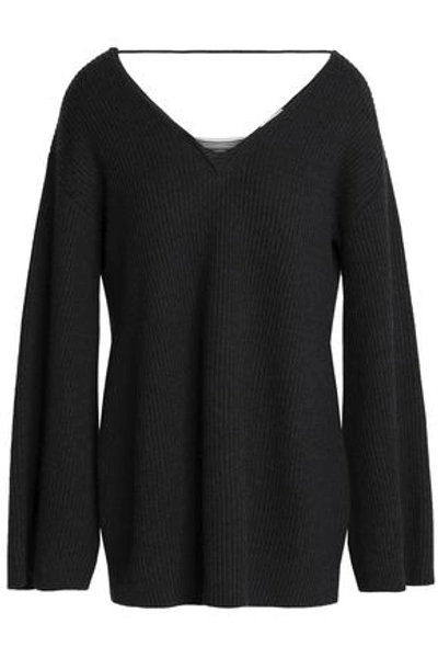 Shop Brunello Cucinelli Bead-embellished Ribbed Cashmere Sweater In Dark Gray