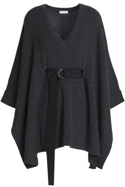 Shop Brunello Cucinelli Belted Ribbed Cashmere Poncho In Charcoal