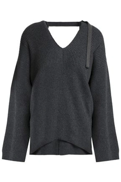 Shop Brunello Cucinelli Woman Bead-embellished Ribbed Cashmere Sweater Charcoal
