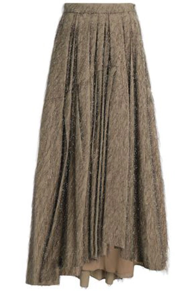 Shop Brunello Cucinelli Woman Pleated Fil Coupé Cotton-blend Maxi Skirt Sage Green