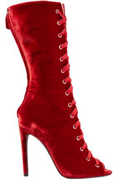 Shop Giambattista Valli Woman Lace-up Velvet Boots Red