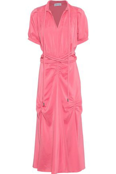 Shop Carven Belted Ruched Silk Crepe De Chine Midi Dress In Pink