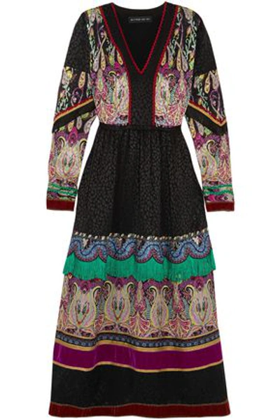 Shop Etro Woman Fringed Embellished Silk-jacquard Midi Dress Black