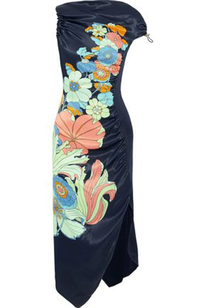 Shop Peter Pilotto Woman Floral-print Shirred Satin Midi Dress Navy