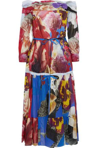 Shop Roberto Cavalli Woman Off-the-shoulder Floral-print Cotton And Linen-blend Midi Dress Multicolor