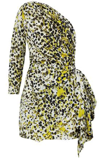 Shop Roberto Cavalli Woman One-shoulder Printed Silk Mini Dress Chartreuse