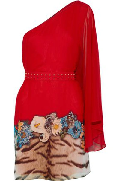 Shop Roberto Cavalli Woman One-shoulder Studded Printed Silk-chiffon Mini Dress Red