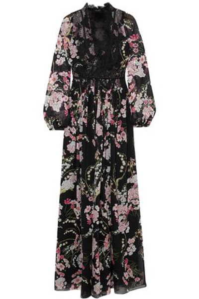 Shop Giambattista Valli Woman Lace-trimmed Floral-print Silk-chiffon Maxi Dress Black