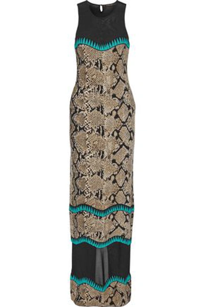Shop Roberto Cavalli Woman Open Knit-paneled Jacquard-knit Maxi Dress Animal Print