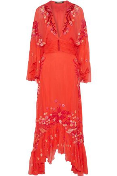 Shop Roberto Cavalli Embellished Silk-georgette Maxi Dress In Papaya