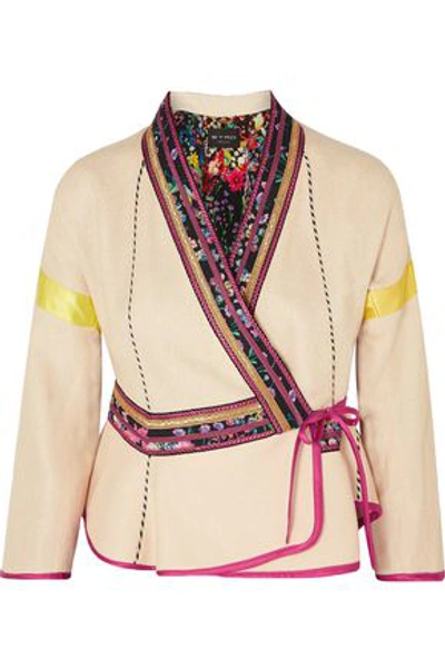 Shop Etro Satin-trimmed Embroidered Linen-blend Wrap Jacket In Ecru