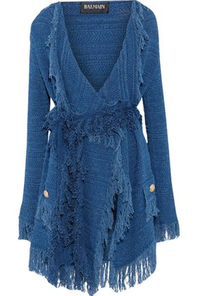 Shop Balmain Woman Fringe-trimmed Crochet-knit Cotton Cardigan Blue