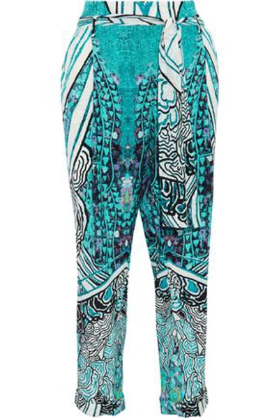 Shop Roberto Cavalli Woman Cropped Printed Silk Crepe De Chine Tapered Pants Multicolor