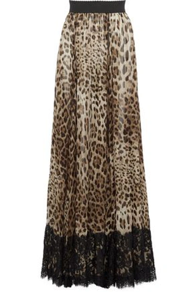 Shop Dolce & Gabbana Woman Lace-paneled Leopard-print Silk-blend Chiffon Maxi Skirt Animal Print