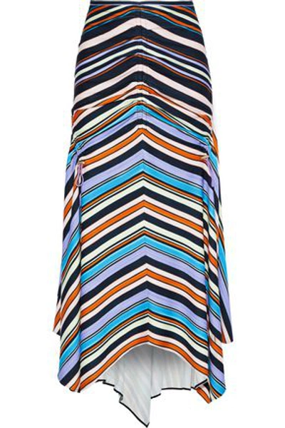 Shop Peter Pilotto Woman Ruched Striped Jersey Midi Skirt Black